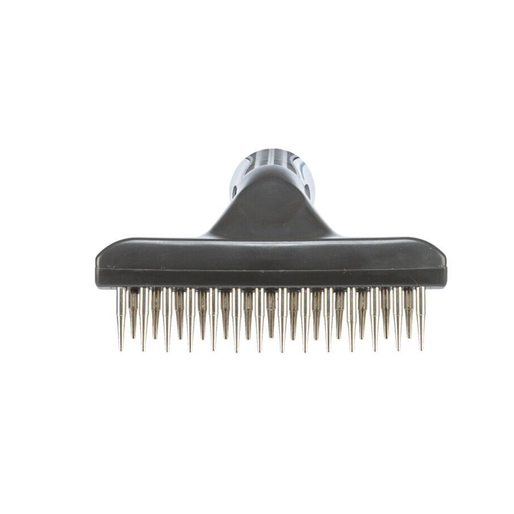 DOUBLE RAKE FOR LONG FUR WITH ANTI-SLIP HANDLE 10 × 15 CM, TEETH 1.5 AND 2 CM