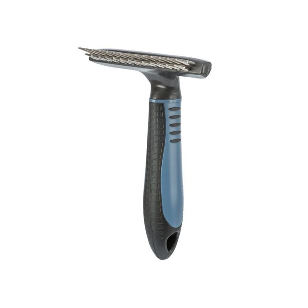 DOUBLE RAKE FOR LONG FUR WITH ANTI-SLIP HANDLE 10 × 15 CM, TEETH 1.5 AND 2 CM